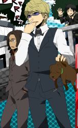  3boys bad_id bad_pixiv_id black_hair blonde_hair bow bowtie brown_hair canine cigarette coat dreadlocks durarara!! fur_trim glasses hands_in_pockets heiwajima_shizuo jacket male_focus multiple_boys one_eye_closed orihara_izaya sasayama_panda short_hair smile smoking sunglasses tanaka_tom tongue waving 