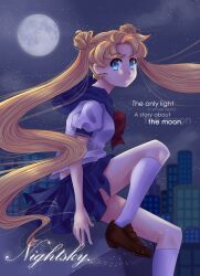  absurdres bad_id bad_pixiv_id bishoujo_senshi_sailor_moon blonde_hair blue_eyes blue_sailor_collar bow city double_bun english_text engrish_text expressionless female full_moon hair_bun highres ikanu juuban_middle_school_uniform kneehighs long_hair moon night photoshop_(medium) ranguage red_bow sailor_collar school_uniform serafuku sitting socks solo tsukino_usagi twintails white_socks 