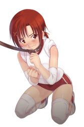  bad_id bad_pixiv_id bakushiishi_at blush buruma collar commentary_request elbow_pads female gym_uniform hino_akane_(smile_precure!) knee_pads leash ponytail precure red_buruma red_eyes red_hair rope short_hair slave smile_precure solo squatting viewer_holding_leash 