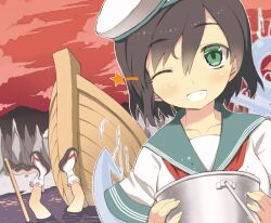  2girls boat brown_hair bucket commentary_request green_eyes grin hat inugami-ke_no_ichizoku_pose multiple_girls murasa_minamitsu one_eye_closed onozuka_komachi ooide_chousuke photoshop_(medium) sailor sailor_hat scythe smile star_(symbol) touhou upper_body water watercraft 