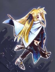  bardiche_(assault_form)_(nanoha) bardiche_(nanoha) blonde_hair commentary_request fate_testarossa fate_testarossa_(impulse_form) female full_body jason_(kaiten_kussaku_kikou) long_hair looking_at_viewer lyrical_nanoha mahou_shoujo_lyrical_nanoha mahou_shoujo_lyrical_nanoha_a&#039;s mahou_shoujo_lyrical_nanoha_strikers photoshop_(medium) self_cosplay smile solo thighhighs 