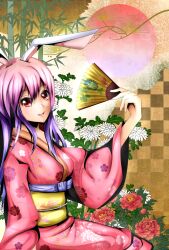  alternate_costume animal_ears bad_id bad_pixiv_id female folding_fan hand_fan japanese_clothes kimono light_purple_hair long_hair multicolored_hair pandora-ex pink_hair pink_kimono rabbit_ears red_eyes reisen_udongein_inaba smile solo touhou 