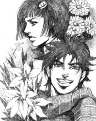  2boys :d bob_cut bruno_bucciarati bud_(korovsme) commentary_request flower graphite_(medium) greyscale hair_ornament hairclip jojo_no_kimyou_na_bouken joseph_joestar joseph_joestar_(young) lily_(flower) male_focus monochrome multiple_boys open_mouth scarf smile striped_clothes striped_scarf traditional_media 