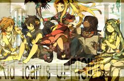  3boys angel angel_wings arrow barefoot black_hair blonde_hair blush bow brown_hair closed_eyes coffee_mug dark_pit dark_skin eggplant fingerless_gloves gloves green_hair heart kid_icarus kid_icarus_uprising long_hair magnus multiple_boys multiple_girls nachure newspaper nintendo nintendo_3ds open_mouth palutena pillar pit_(kid_icarus) sitting viridi wings 