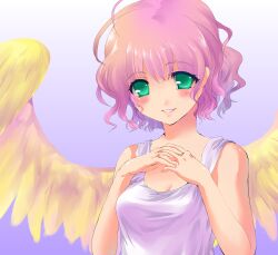  absurdres angel angel_wings bad_id bad_pixiv_id bare_shoulders feathered_wings female green_eyes harpy_(puyopuyo) highres interlocked_fingers kobanzame madou_monogatari pink_hair puyopuyo short_hair smile solo wings 