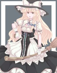  apron blonde_hair bow braid broom commentary_request curiosities_of_lotus_asia dress female fingerless_gloves frills gloves hat hat_bow highres kirisame_marisa long_hair mini-hakkero short_sleeves single_braid smile solo ten_ryuu_sadaaki touhou white_bow witch_hat yellow_eyes 