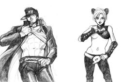  1boy bad_id bad_pixiv_id breasts bud_(korovsme) chains clothes_lift commentary_request derivative_work double_bun father_and_daughter female gakuran giorno_giovanna greyscale hair_bun hat jojo_no_kimyou_na_bouken jojo_pose kujo_jolyne kujo_jotaro long_coat medium_breasts monochrome muscular parody school_uniform shirt_lift standing stone_ocean time_paradox underboob vento_aureo 