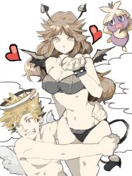  1boy alternate_costume angel angel_wings bare_shoulders bat_wings black_bra black_panties blue_oak bra breasts brown_eyes brown_hair demon demon_girl female holding kissing large_breasts leaf_(pokemon) long_hair panties pokemon pokemon_(creature) pokemon_frlg rotasu smoochum strapless strapless_bra underwear underwear_only wings 