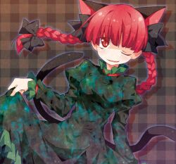  animal_ears bow braid cat_ears commentary_request female hairbow hime_takeo kaenbyou_rin long_hair long_sleeves oerba_yun_fang one_eye_closed open_mouth photoshop_(medium) puffy_sleeves red_eyes red_hair slit_pupils smile solo touhou twin_braids 