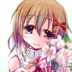  blue_eyes blush brown_hair commentary_request female flower hair_ornament hairclip icefloe lowres lyrical_nanoha mahou_shoujo_lyrical_nanoha mahou_shoujo_lyrical_nanoha_a&#039;s short_hair solo yagami_hayate 