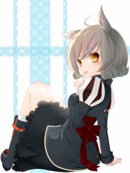  animal_ears bad_id bad_pixiv_id blush boots bow eirawen_(mabinogi) female finger_to_mouth grey_hair highres looking_back mabinogi open_mouth short_hair sitting skirt solo umxzo yellow_eyes 