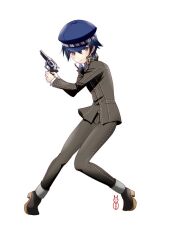  androgynous bad_id bad_pixiv_id cabbie_hat female full_body grey_eyes gun handgun hat machinosuke persona persona_4 photoshop_(medium) reverse_trap revolver school_uniform shirogane_naoto short_hair simple_background solo weapon white_background 