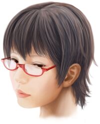  brown_eyes commentary_request dotechin female glasses grey_hair k-on! lips manabe_nodoka portrait realistic red-framed_eyewear semi-rimless_eyewear short_hair solo under-rim_eyewear 