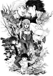  5boys aged_down alternate_hairstyle bird bud_(korovsme) commentary_request dio_brando eagle giorno_giovanna gold_experience gold_experience_requiem graphite_(medium) greyscale highres jojo_no_kimyou_na_bouken jonathan_joestar male_focus millipen_(medium) monochrome multiple_boys multiple_persona phantom_blood traditional_media vento_aureo 