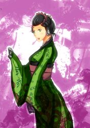  bad_id bad_pixiv_id black_hair female green_eyes highres japanese_clothes karakuri karakuri_komachi_mdl_224_ninishi kimono kuziaaizuk photoshop_(medium) solo yu-gi-oh! 