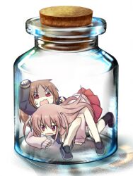  2girls achiga_school_uniform atarashi_ako bare_legs bottomless brown_hair commentary_request cork in_container jacket jar long_sleeves meme multiple_girls naked_jacket no_panties no_pants pixiv_bottle_(meme) red_eyes saki_(manga) saki_achiga-hen school_uniform shenbei_xiaoqiu sleeves_past_wrists sweatdrop takakamo_shizuno track_jacket 