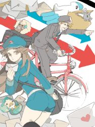  1boy alternate_costume bag bicycle blue_oak brown_eyes brown_hair carrying envelope female hat leaf_(pokemon) letter long_hair mail mailman minccino pelipper pokemon pokemon_(creature) pokemon_frlg rotasu sewaddle tegaki whimsicott 