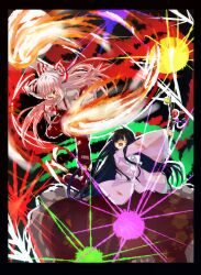  2girls absurdres bad_id bad_pixiv_id battle black_hair blood blood_in_mouth bow branch brown_eyes duel fire fujiwara_no_mokou hairbow highres houraisan_kaguya japanese_clothes jeweled_branch_of_hourai long_hair long_skirt long_sleeves multiple_girls niseneko_(mofumofu_ga_ienai) pants red_eyes skirt suspenders touhou very_long_hair white_hair wide_sleeves 