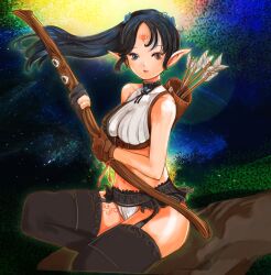  arrow_(projectile) bare_shoulders black_hair black_thighhighs blue_eyes bow_(weapon) brown_eyes commentary_request elf facial_mark female forehead_mark garter_straps heterochromia kazaana long_hair navel on_one_knee original photoshop_(medium) pointy_ears ponytail quiver solo thighhighs weapon 