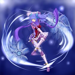  blue_eyes blue_hair commentary_request corset dance_princess_of_the_ice_barrier duel_monster female purple_scarf scarf short_twintails solo twintails usoutsuki weapon yu-gi-oh! 