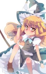  blonde_hair bloomers blush bow commentary female hat hat_bow kirisame_marisa meowpoo puffy_sleeves short_sleeves smile solo touhou underwear white_background white_bow wrist_cuffs yellow_eyes 