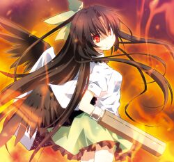  arm_cannon bird_wings bow brown_hair cape commentary_request female green_bow hairbow hime_takeo long_hair looking_back photoshop_(medium) puffy_sleeves red_eyes reiuji_utsuho short_sleeves solo touhou very_long_hair weapon wings 