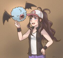  baseball_cap blue_eyes brown_hair commentary english_commentary female hat highres hilda_(pokemon) long_hair pokemon pokemon_(creature) pokemon_bw ponytail roarke_(lavenderincubus) sleeveless smile vest woobat wristband 