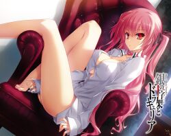  :&lt; armchair bare_legs barefoot between_thighs bottomless bow breast_press breasts button_gap chair cleavage collarbone dress_shirt dutch_angle feet_on_chair female frown gin_no_cross_to_draculea hairbow highres large_breasts legs looking_at_viewer naked_shirt no_bra novel_illustration official_art pink_hair red_eyes rushella_dam_draculea shirt sitting sitting_sideways sleeves_past_wrists solo tsurime two_side_up yasaka_minato 