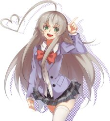  ahoge blazer commentary_request female green_eyes grey_hair haiyore!_nyaruko-san heart heart_ahoge huge_ahoge jacket long_hair nyarlathotep_(nyaruko-san) photoshop_(medium) plaid plaid_skirt sharlorc skirt solo thighhighs white_thighhighs zettai_ryouiki 