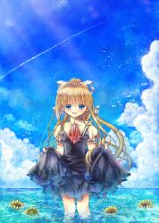  air_(visual_novel) ascot bad_id bad_pixiv_id blonde_hair blue_eyes cloud commentary_request contrail day dress female flower hinokami_sakura kamio_misuzu long_hair open_mouth photoshop_(medium) school_uniform skirt_hold sky solo sunflower wading water 