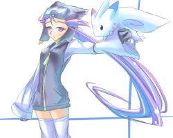  +_+ bad_id bad_pixiv_id character_request female gloves goggles goggles_on_head holding hood hoodie kunno long_hair outstretched_arm pokemon pokemon_rse purple_eyes purple_hair thighhighs very_long_hair winona_(pokemon) zettai_ryouiki 