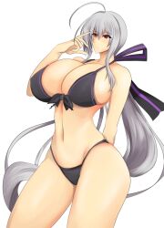  ahoge amano_mokuzu bikini black_bikini breasts curvy female female hair_ornament hair_ribbon huge_breasts long_hair mound_of_venus navel ponytail red_eyes ribbon simple_background solo standing swimsuit thighs umino_mokuzu_(a4_size) very_long_hair vocaloid white_background white_hair yowane_haku 