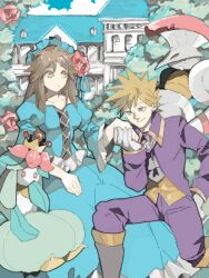  1boy alternate_costume blue_oak clothed_pokemon crown dress escavalier female flower forest formal gloves grass house leaf_(pokemon) lilligant long_dress nature pokemon pokemon_(creature) pokemon_frlg prince princess ribbon rose rotasu tegaki tree 