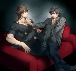  2boys bad_id black_eyes black_hair brown_hair couch cross cross_necklace emiya_kiritsugu fate/zero fate_(series) jewelry kotomine_kirei male_focus multiple_boys necklace shirt t-shirt zihad 