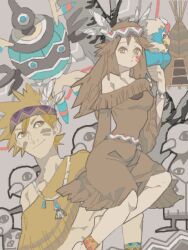  1boy alternate_costume anklet barefoot blue_oak bracelet brown_eyes brown_hair female indian jewelry leaf_(pokemon) long_hair natu necklace pokemon pokemon_(creature) pokemon_frlg rotasu rufflet sigilyph tegaki 