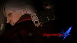  1boy 3d coat copyright_name dante_(devil_may_cry) devil_may_cry_(series) devil_may_cry_4 gloves gun handgun logo looking_back male_focus non-web_source official_art official_wallpaper photoshop_(medium) solo trench_coat tsuchibayashi_makoto weapon white_hair yoshikawa_tatsuya 