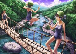  6+girls arm_support bad_id bad_pixiv_id bare_legs bare_shoulders barefoot blue_eyes blue_hair bridge brown_hair can dark_haired_kappa drink_can forest glasses glasses_kappa hair_bobbles hair_ornament hanging_bridge holding jumping kappa_mob_(touhou) kawashiro_nitori kurione_(zassou) lying multiple_girls nature one-piece_swimsuit outdoors outstretched_arms pocari_sweat ponytail product_placement river rope_bridge scenery school_swimsuit short_hair soda_can swimsuit tent touhou two_side_up water 