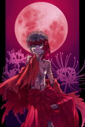  1boy angra_mainyu_(fate) black_hair commentary_request dark-skinned_male dark_skin fate/hollow_ataraxia fate_(series) floral_background floral_print flower full-body_tattoo full_moon headband licking licking_finger male_focus moon pillarboxed red_moon red_sky sky solo spider_lily spider_lily_print spring_water tattoo topless_male yellow_eyes 