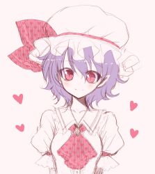  ascot bad_id bad_pixiv_id brooch female hat head_tilt heart jewelry nanohana_kohina pointy_ears purple_hair red_eyes remilia_scarlet short_hair simple_background slit_pupils smile solo touhou upper_body 