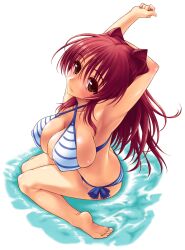  armpits arms_behind_head arms_up barefoot bikini breasts brown_eyes commentary_request feet female highres kousaka_tamaki large_breasts red_hair sideboob solo striped_bikini striped_clothes swimsuit to_heart_(series) to_heart_2 yamaguchi_homupe 