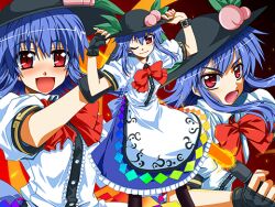  blue_hair blush bow commentary_request female fingerless_gloves food fruit gloves hat hinanawi_tenshi leaf long_skirt lowres one_eye_closed open_mouth peach photoshop_(medium) puffy_sleeves red_eyes short_sleeves skirt smile sword sword_of_hisou takana_shinno touhou weapon 