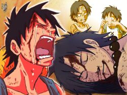  2boys bandage bandaid black_hair blood brother brothers crying death dual_persona freckles hat hat_removed headwear_removed jewelry lolicon male male_focus marineford monkey_d_luffy multiple_boys necklace one_piece open_mouth portgas_d_ace scar shirt siblings smile straw_hat t-shirt vest young younger 