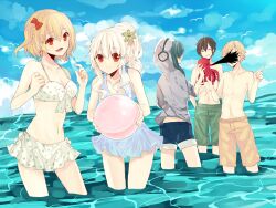  2girls 3boys ball beach beachball bikini blonde_hair brown_hair closed_eyes flower hair_flower hair_ornament imagination_forest_(vocaloid) kagerou_project kano_shuuya kido_tsubomi kisaragi_attention_(vocaloid) kisaragi_momo kozakura_mary long_hair minaduki0038 minazuki_(0038) multiple_boys multiple_girls ocean octopus parody red_eyes seto_kousuke short_hair smile swimsuit vocaloid water white_hair 