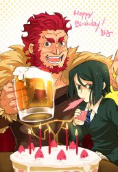  2boys alcohol armor beard beer beer_mug birthday birthday_cake black_hair cake candle commentary_request cup facial_hair fate/zero fate_(series) food fruit green_eyes green_hair holding holding_cup iskandar_(fate) juice male_focus mug multiple_boys necktie red_eyes red_hair spitting strawberry sunday31 waver_velvet 