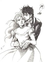  1boy bud_(korovsme) commentary_request couple dress erina_pendleton female flower graphite_(medium) greyscale jojo_no_kimyou_na_bouken jonathan_joestar monochrome phantom_blood straight traditional_media 