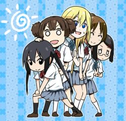  5girls black_hair blonde_hair blue_eyes brown_hair c_(neta) choo_choo_train closed_eyes commentary_request double_bun glasses hair_bun hair_ornament hairclip hirasawa_ui k-on! long_hair lowres multiple_girls nakano_azusa okuda_nao open_mouth photoshop_(medium) saitou_sumire sakuragaoka_high_school_uniform school_uniform short_hair short_sleeves smile suzuki_jun sweatdrop twintails v very_long_hair 