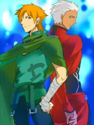  2boys aonome archer_(fate) brown_eyes brown_hair cape cloak commentary_request dark-skinned_male dark_skin fate/extra fate_(series) grey_eyes multiple_boys orange_hair robin_hood_(fate) short_hair white_hair 