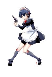  alternate_costume apron bad_id bad_pixiv_id dress enmaided female full_body grey_eyes gun handgun machinosuke maid maid_headdress persona persona_4 photoshop_(medium) revolver shirogane_naoto short_hair simple_background solo weapon white_background 