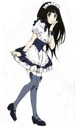  alternate_costume black_hair chitanda_eru commentary_request enmaided female headdress hyouka long_hair maid photoshop_(medium) purple_eyes solo tamura_satomi thighhighs wrist_cuffs zettai_ryouiki 