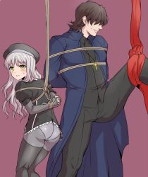  1boy ass bad_id bad_pixiv_id blush bondage bondage bondage bound brown_hair caren_hortensia cassock cloth cross cross_necklace fate/hollow_ataraxia fate/stay_night fate_(series) female grey_hair hair_over_eyes hat jewelry koori_(haraiso) kotomine_kirei layered_sleeves long_hair necklace pantyhose parted_lips rope shroud_of_magdalene simple_background thighband_pantyhose thighhighs white_hair yellow_eyes 